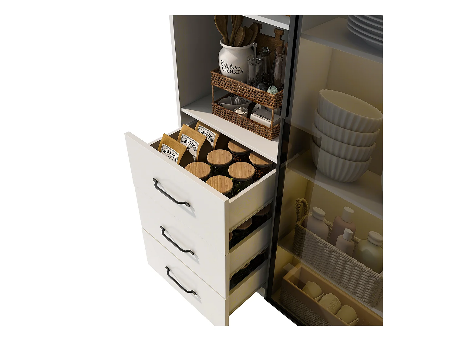 Vitrine 80x40x160 cm - avec 1 porte en verre trempé et 3 tiroirs - avec éclairage LED - 3 étagères ouverts - blanc