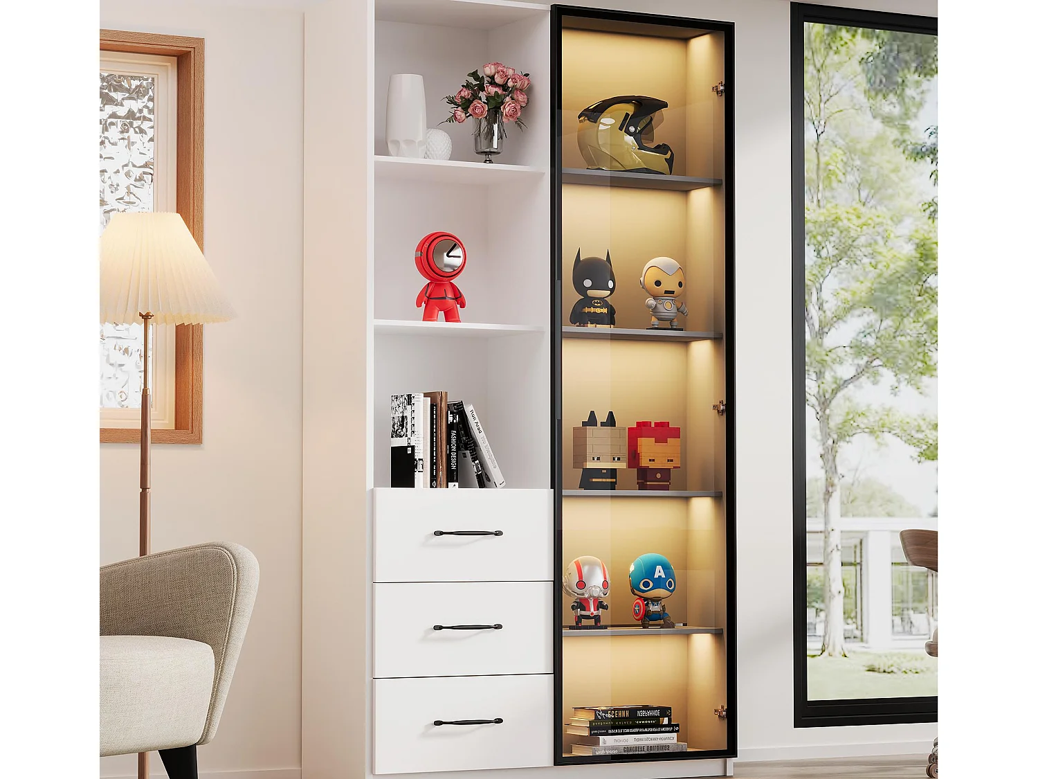 Vitrine 80×40×160 cm - com 1 porta de vidro temperado e 3 gavetas - com iluminação LED - 3 prateleiras abertas - branco