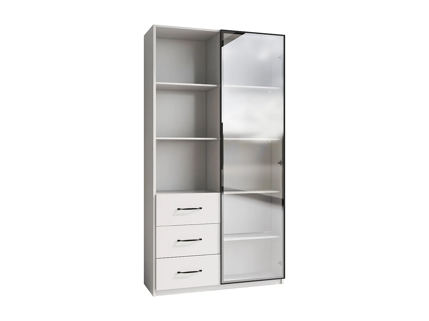 Vitrine 80×40×160 cm - com 1 porta de vidro temperado e 3 gavetas - com iluminação LED - 3 prateleiras abertas - branco