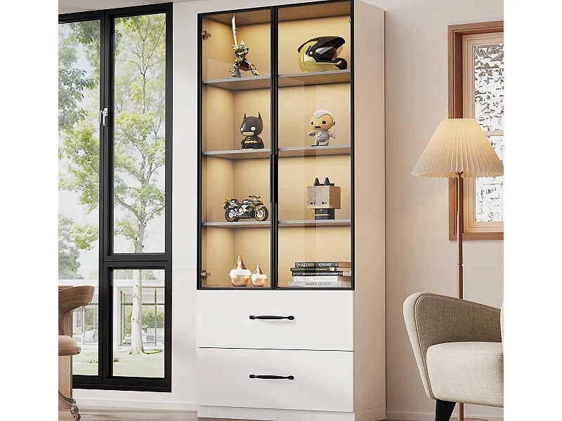 Vitrinekast 60×40×160 cm - met LED-verlichting - 2 glazen deuren en 2 laden - aluminium frame - wit