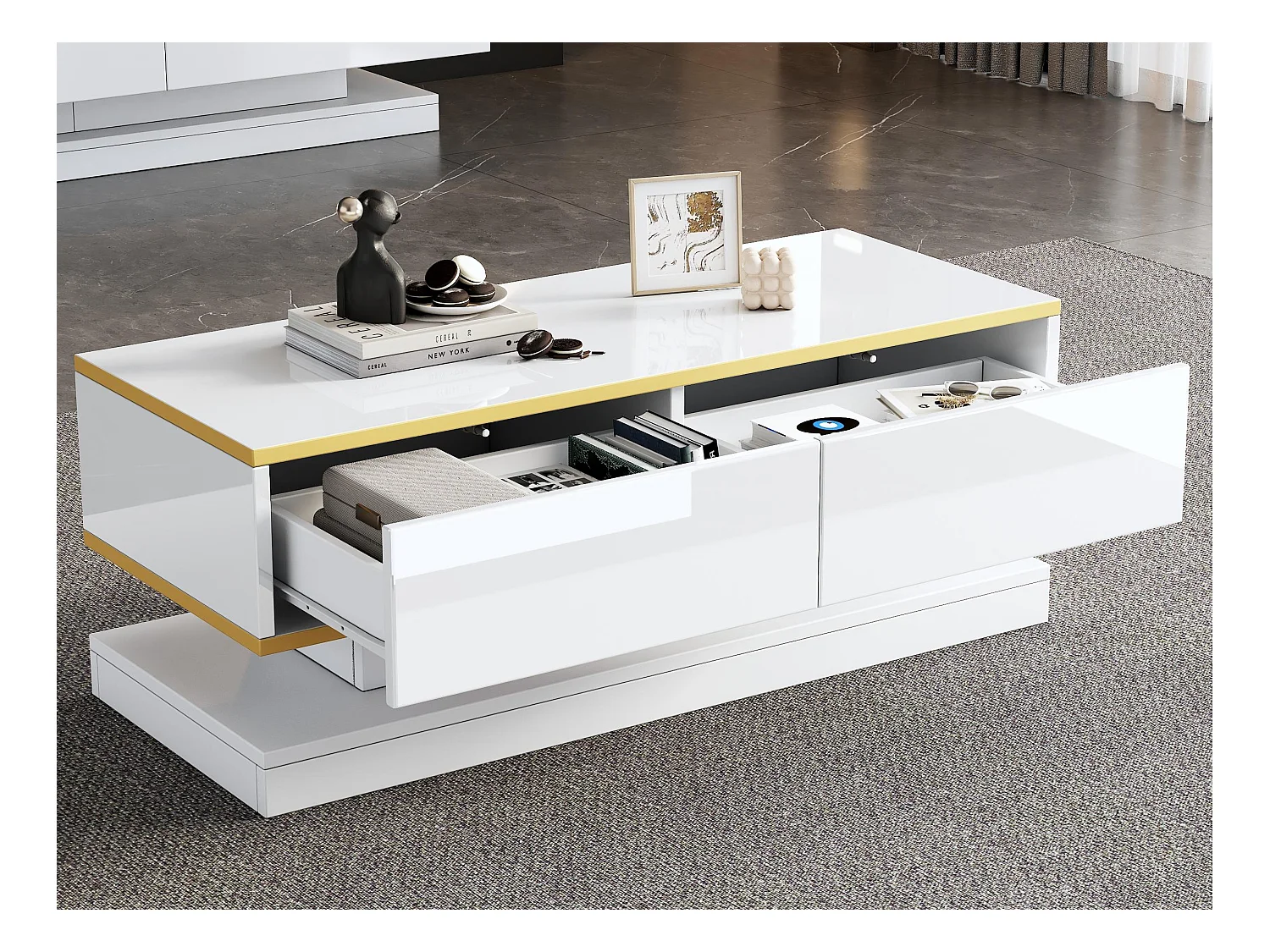 Table basse haute brillance 100x50x38 cm - 2 tiroirs - Finition dorée - Panneau de particules - Blanc