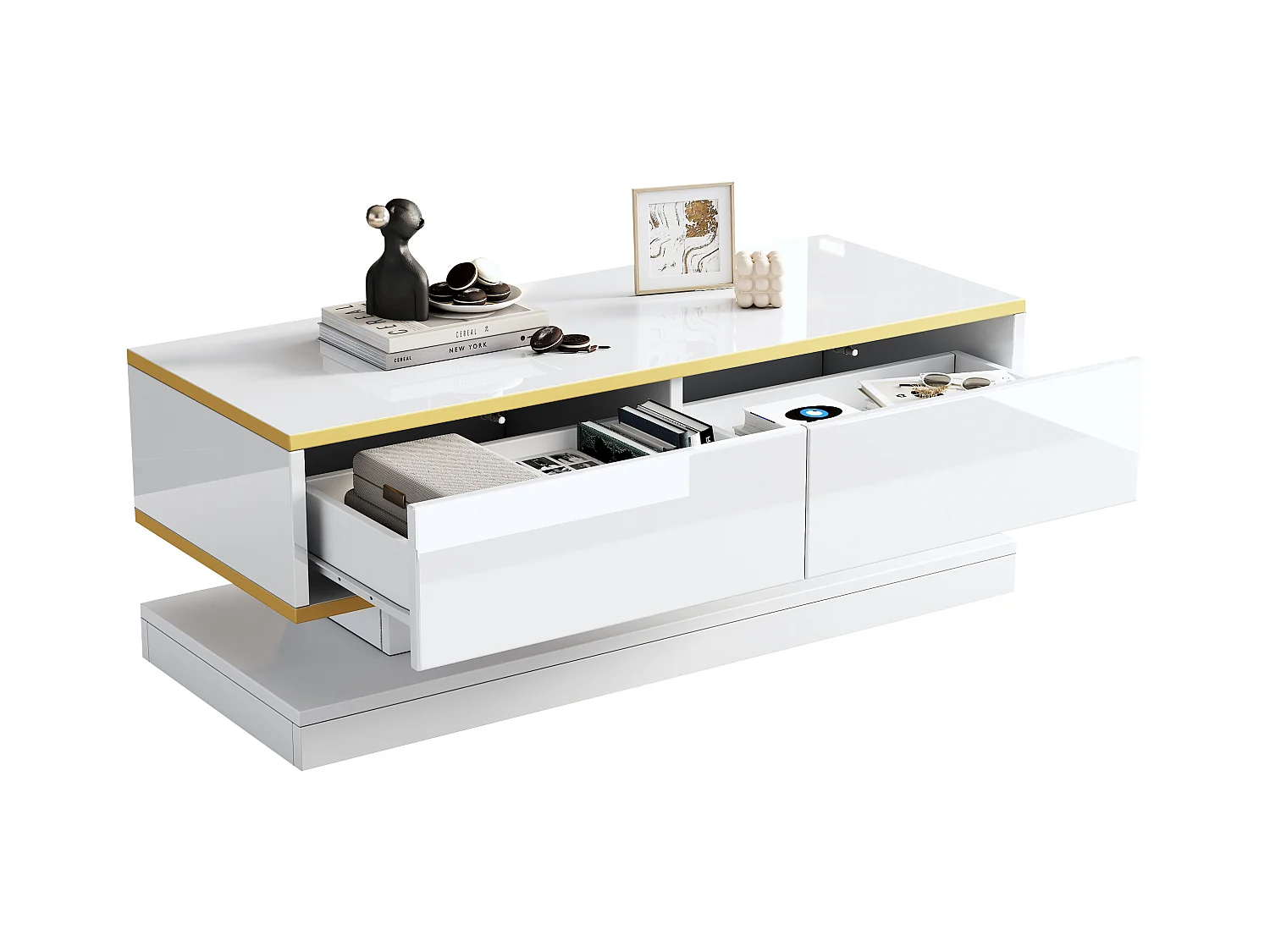 Table basse haute brillance 100x50x38 cm - 2 tiroirs - Finition dorée - Panneau de particules - Blanc