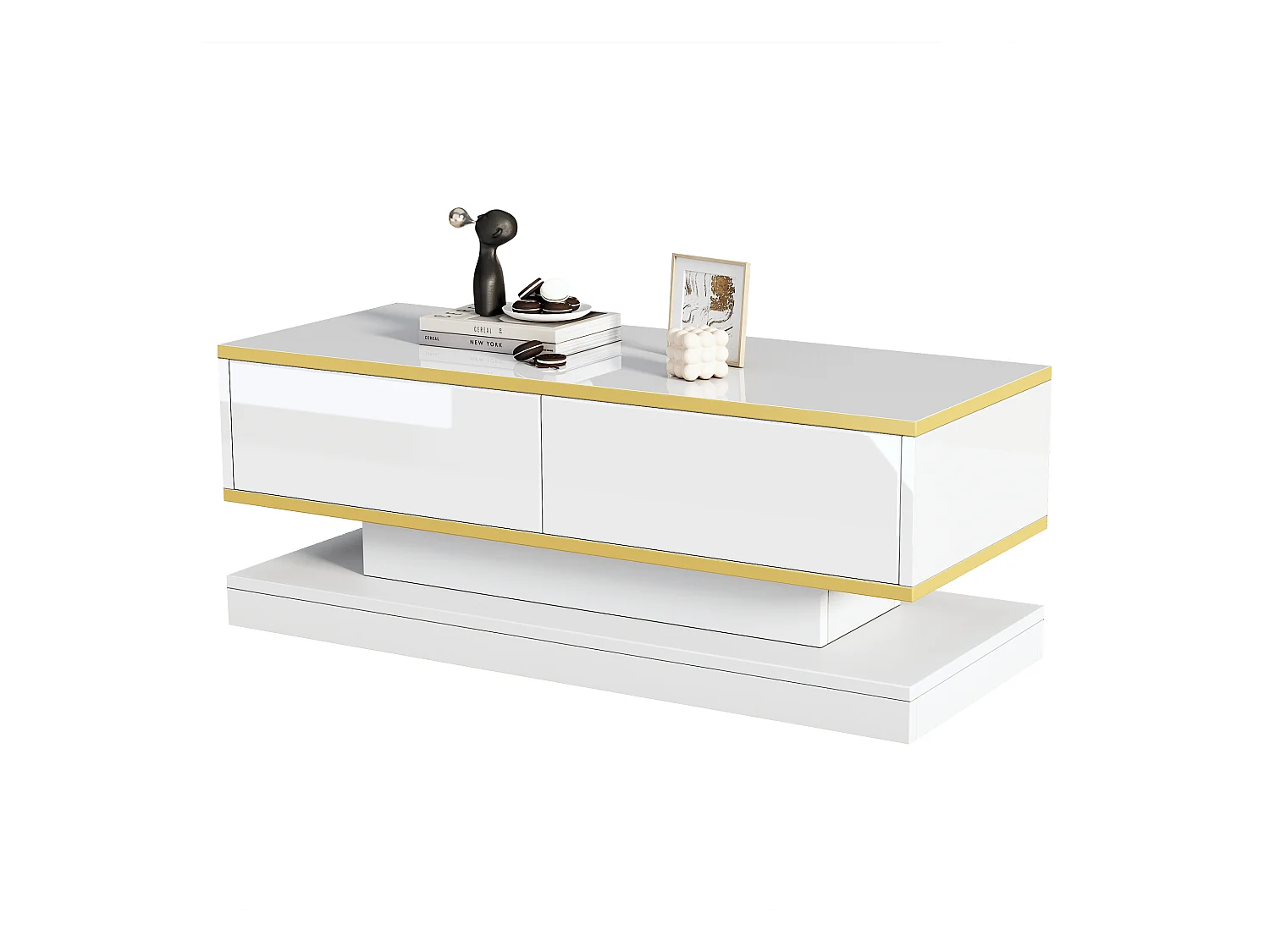 Table basse haute brillance 100x50x38 cm - 2 tiroirs - Finition dorée - Panneau de particules - Blanc