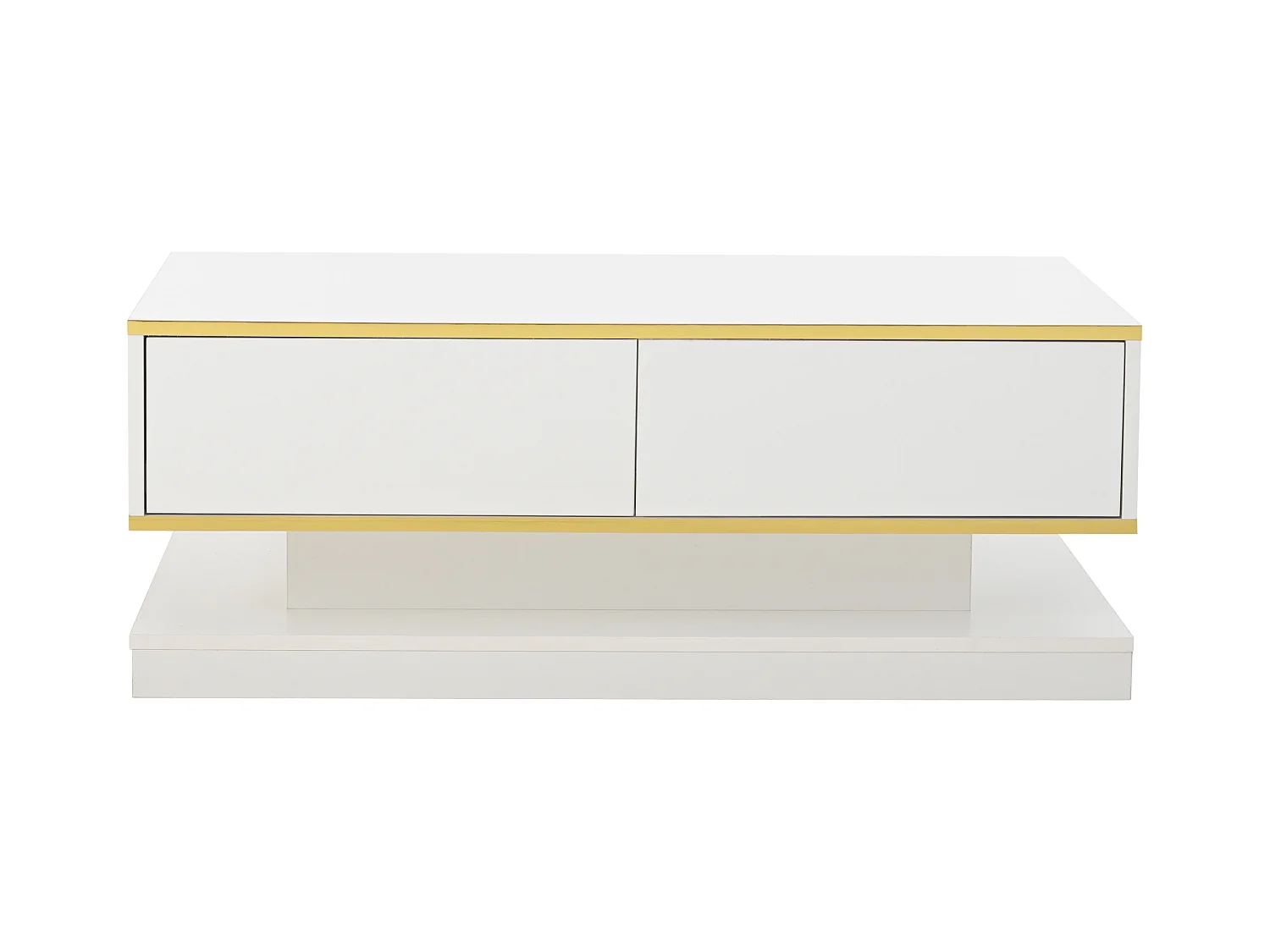 Table basse haute brillance 100x50x38 cm - 2 tiroirs - Finition dorée - Panneau de particules - Blanc