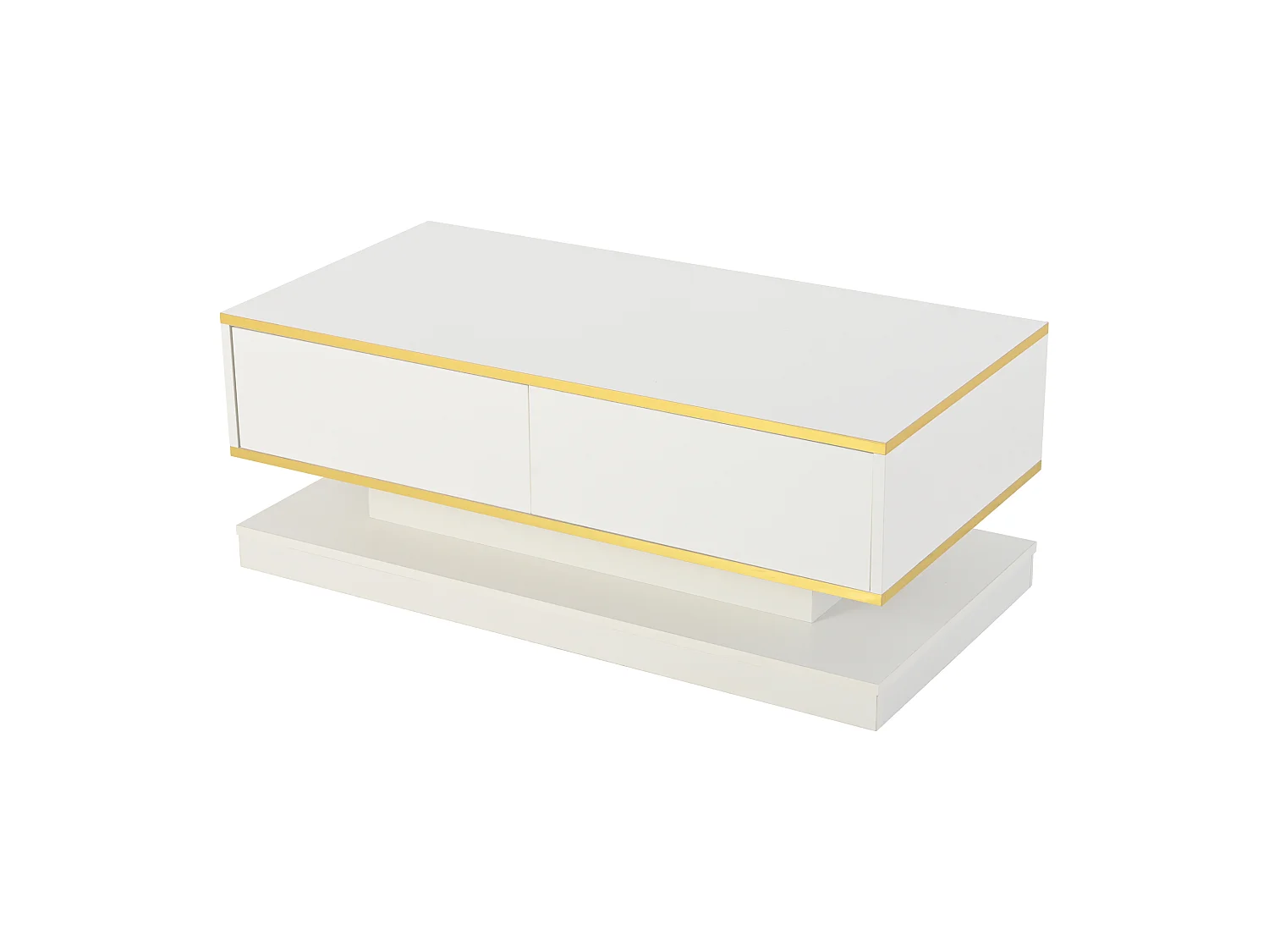 Table basse haute brillance 100x50x38 cm - 2 tiroirs - Finition dorée - Panneau de particules - Blanc