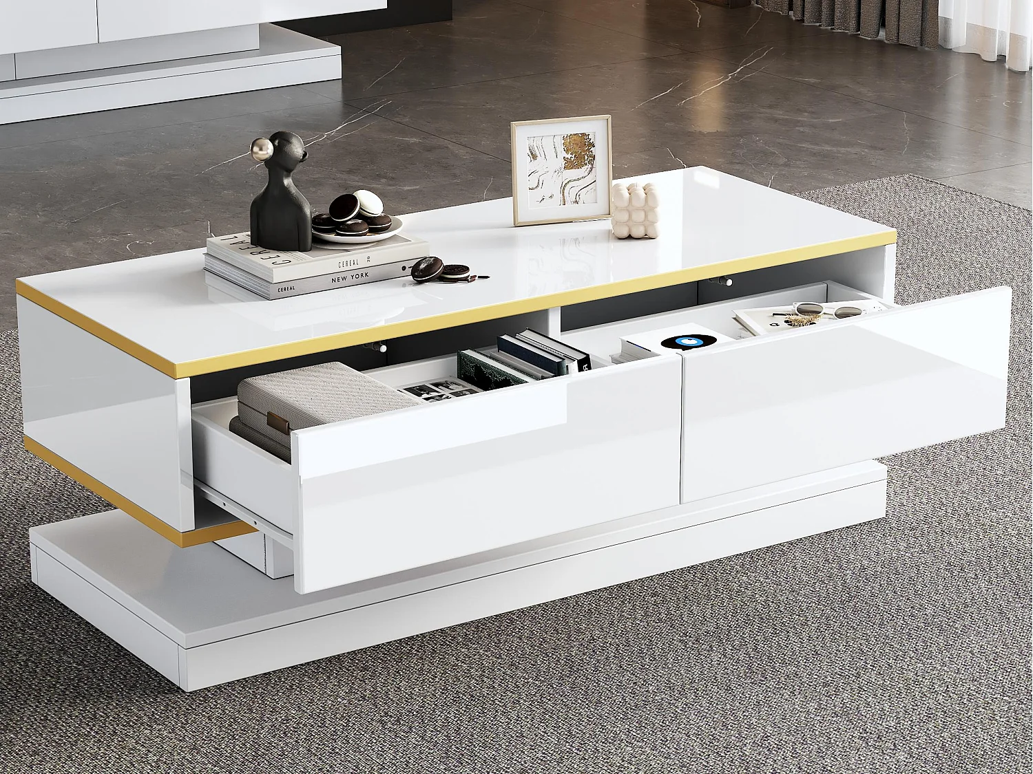 Table basse haute brillance 100x50x38 cm - 2 tiroirs - Finition dorée - Panneau de particules - Blanc