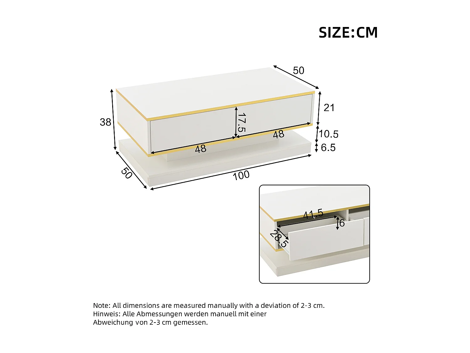 Table basse haute brillance 100x50x38 cm - 2 tiroirs - Finition dorée - Panneau de particules - Blanc
