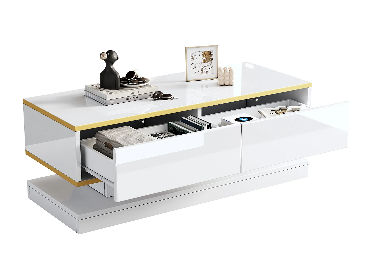 Table basse haute brillance 100x50x38 cm - 2 tiroirs - Finition dorée - Panneau de particules - Blanc