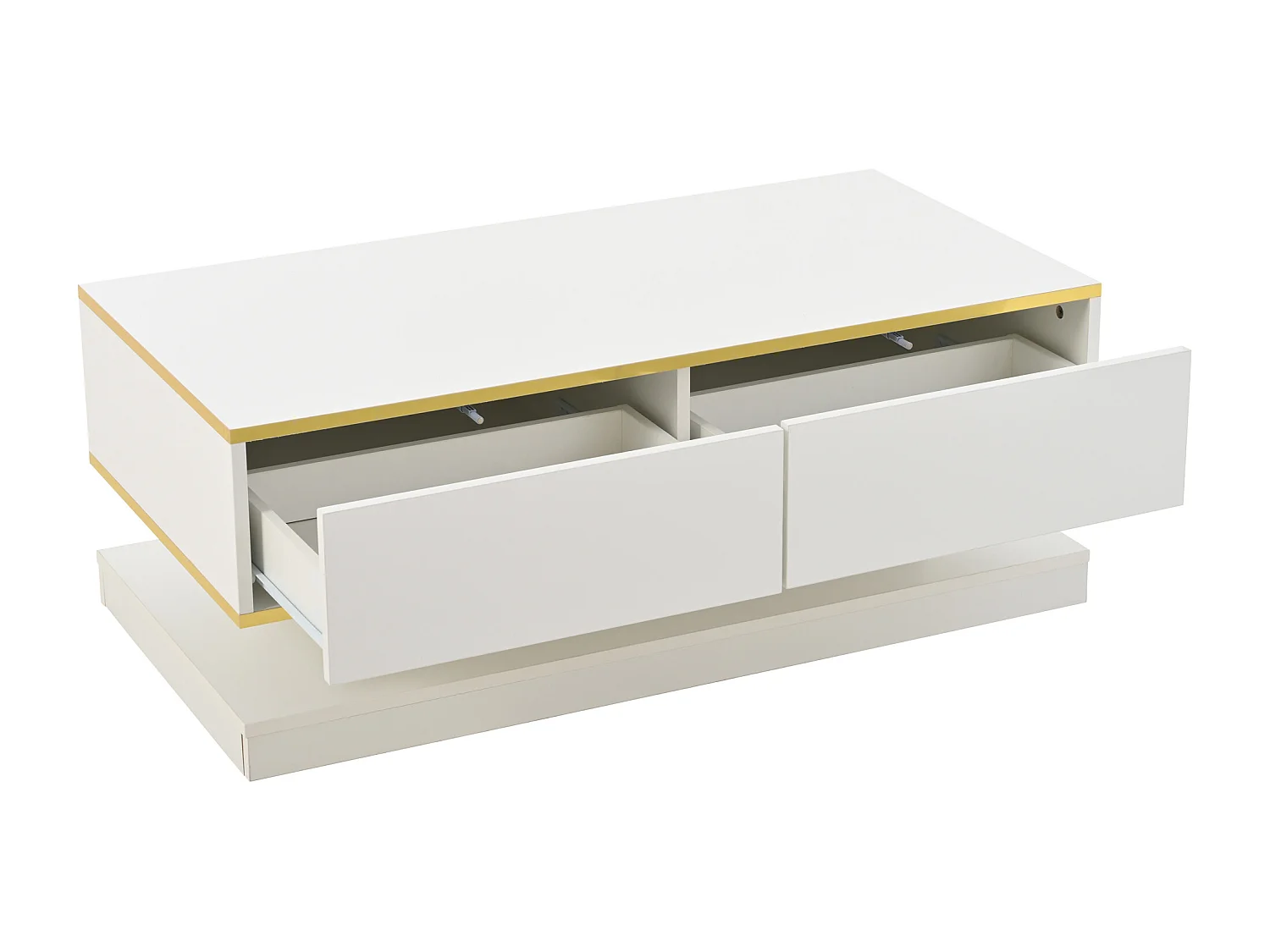 Table basse haute brillance 100x50x38 cm - 2 tiroirs - Finition dorée - Panneau de particules - Blanc