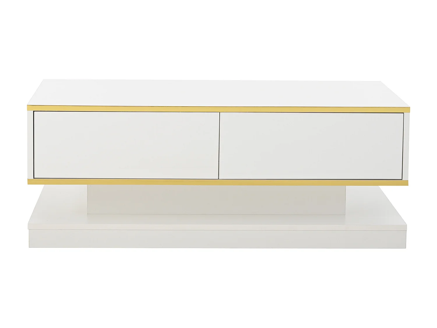 Table basse haute brillance 100x50x38 cm - 2 tiroirs - Finition dorée - Panneau de particules - Blanc