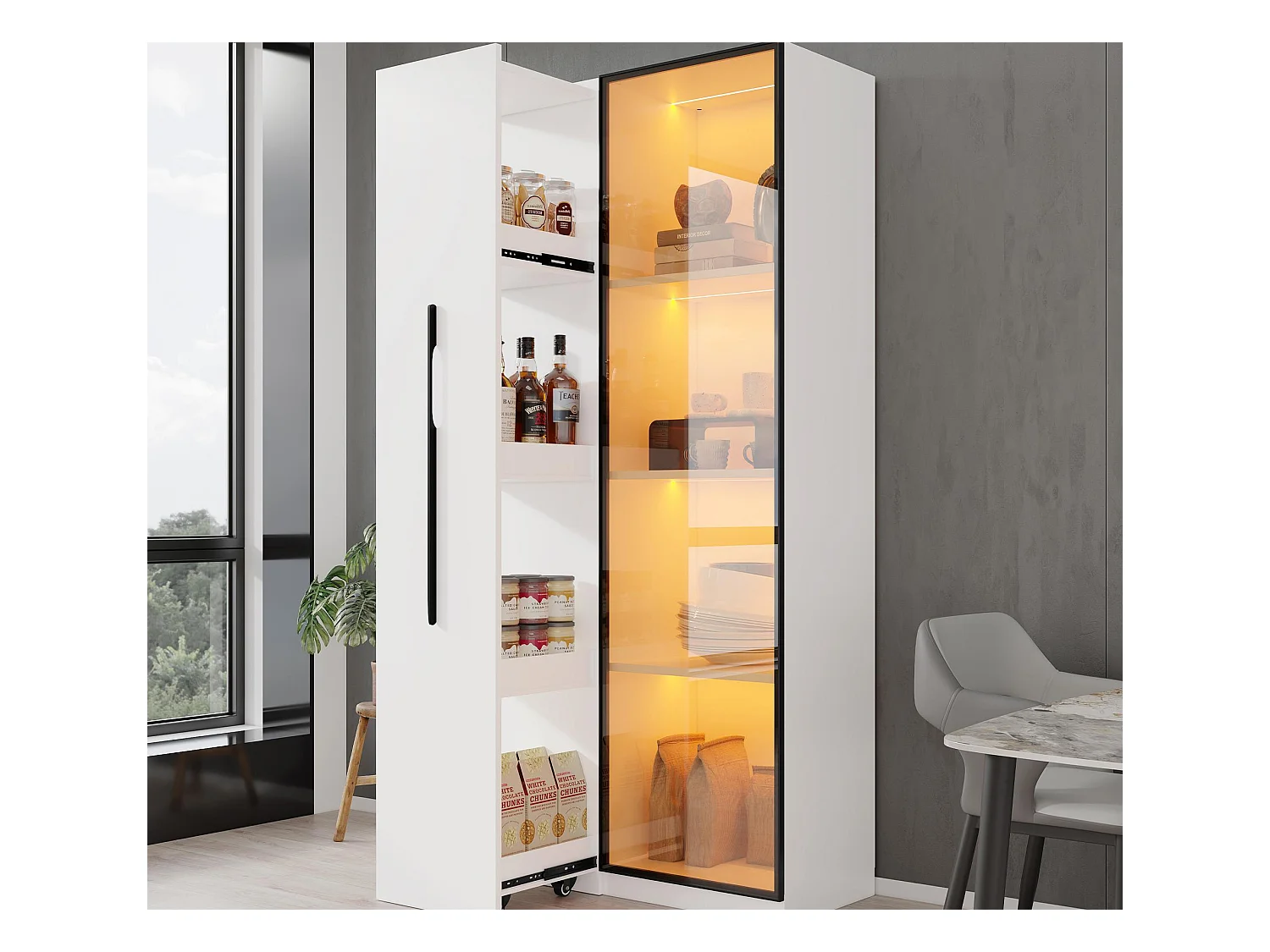 Vitrine 70x40x160cm - avec porte en verre trempé - 1 porte et 1 tiroir latéral - avec LED - blanc