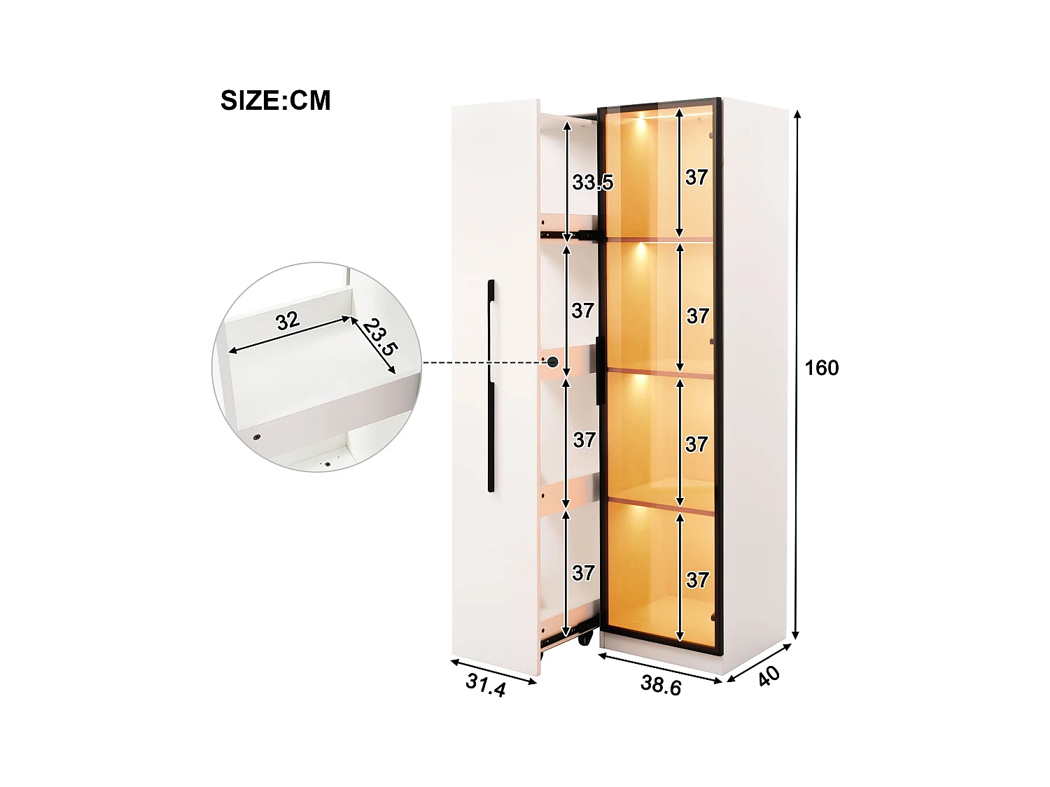 Vitrine 70x40x160cm - avec porte en verre trempé - 1 porte et 1 tiroir latéral - avec LED - blanc