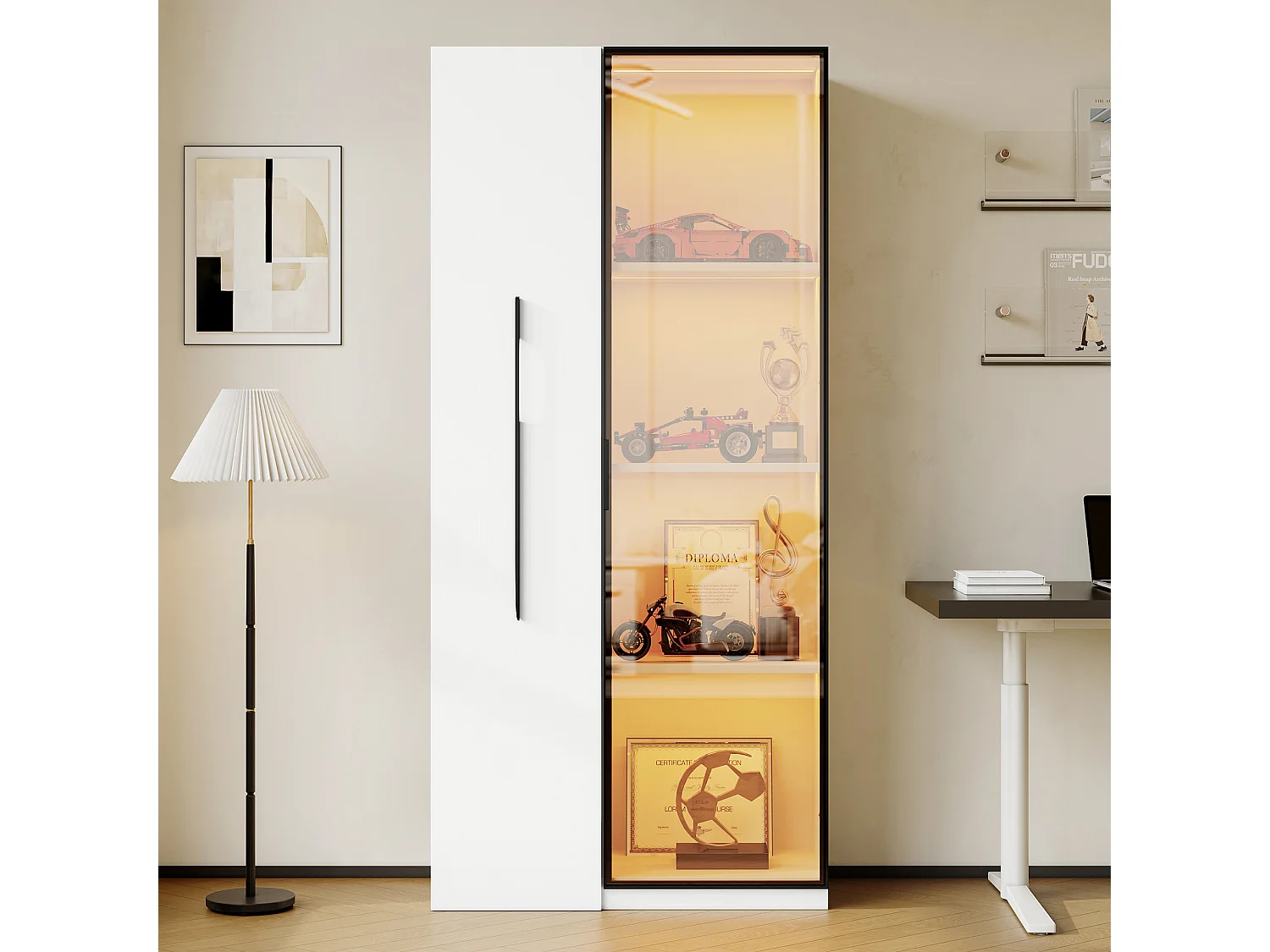 Vitrine 70x40x160cm - avec porte en verre trempé - 1 porte et 1 tiroir latéral - avec LED - blanc