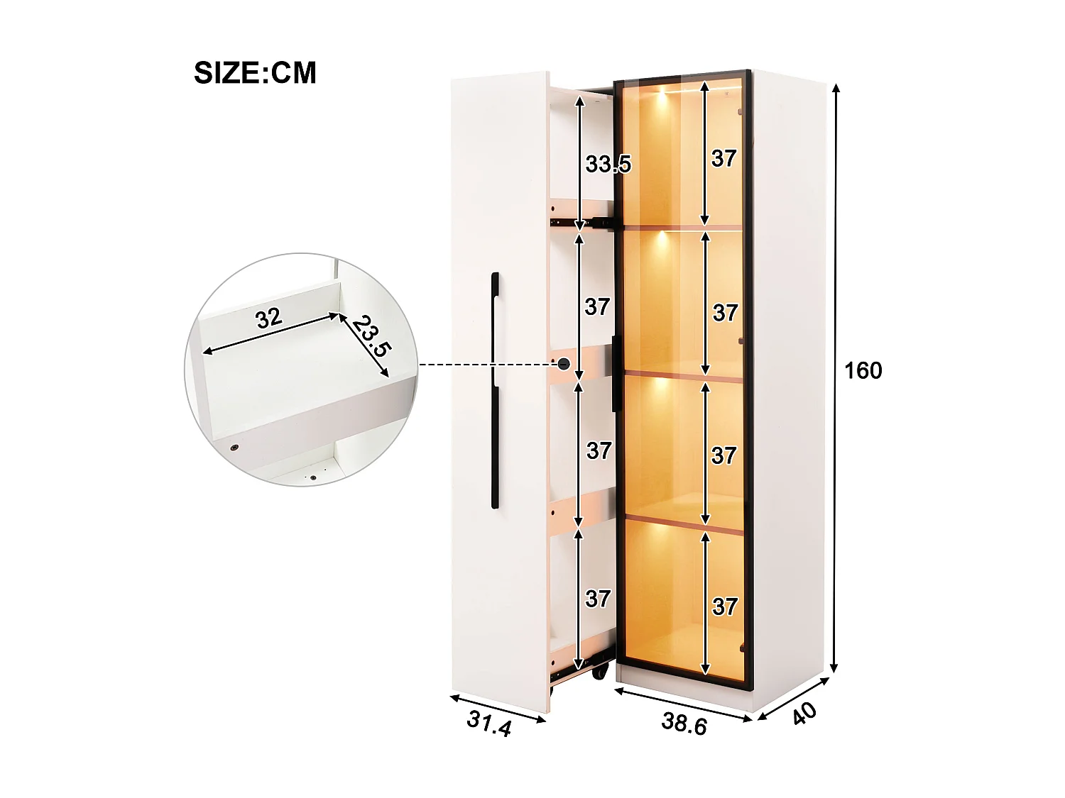 Vitrine 70x40x160cm - avec porte en verre trempé - 1 porte et 1 tiroir latéral - avec LED - blanc