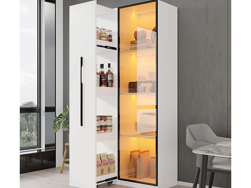 Vitrine 70x40x160cm - avec porte en verre trempé - 1 porte et 1 tiroir latéral - avec LED - blanc