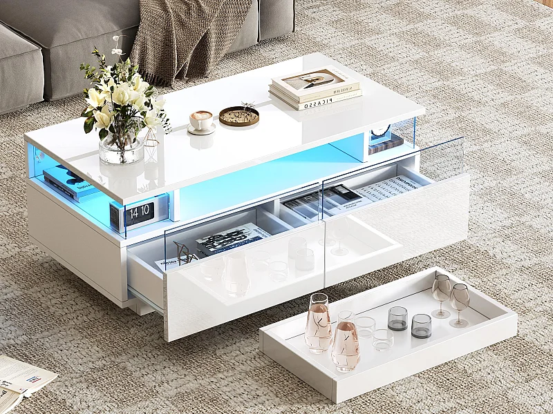 Hogglans salontafel 90×45×35,5 cm - 2 laden - met LED-verlichting - met gehard glas - wit
