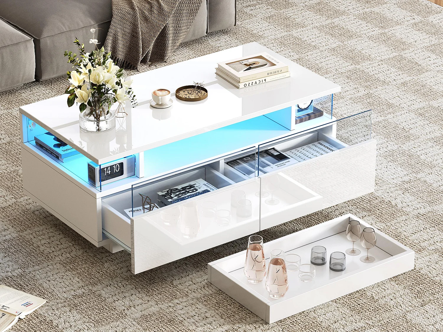 Hogglans salontafel 90×45×35,5 cm - 2 laden - met LED-verlichting - met gehard glas - wit