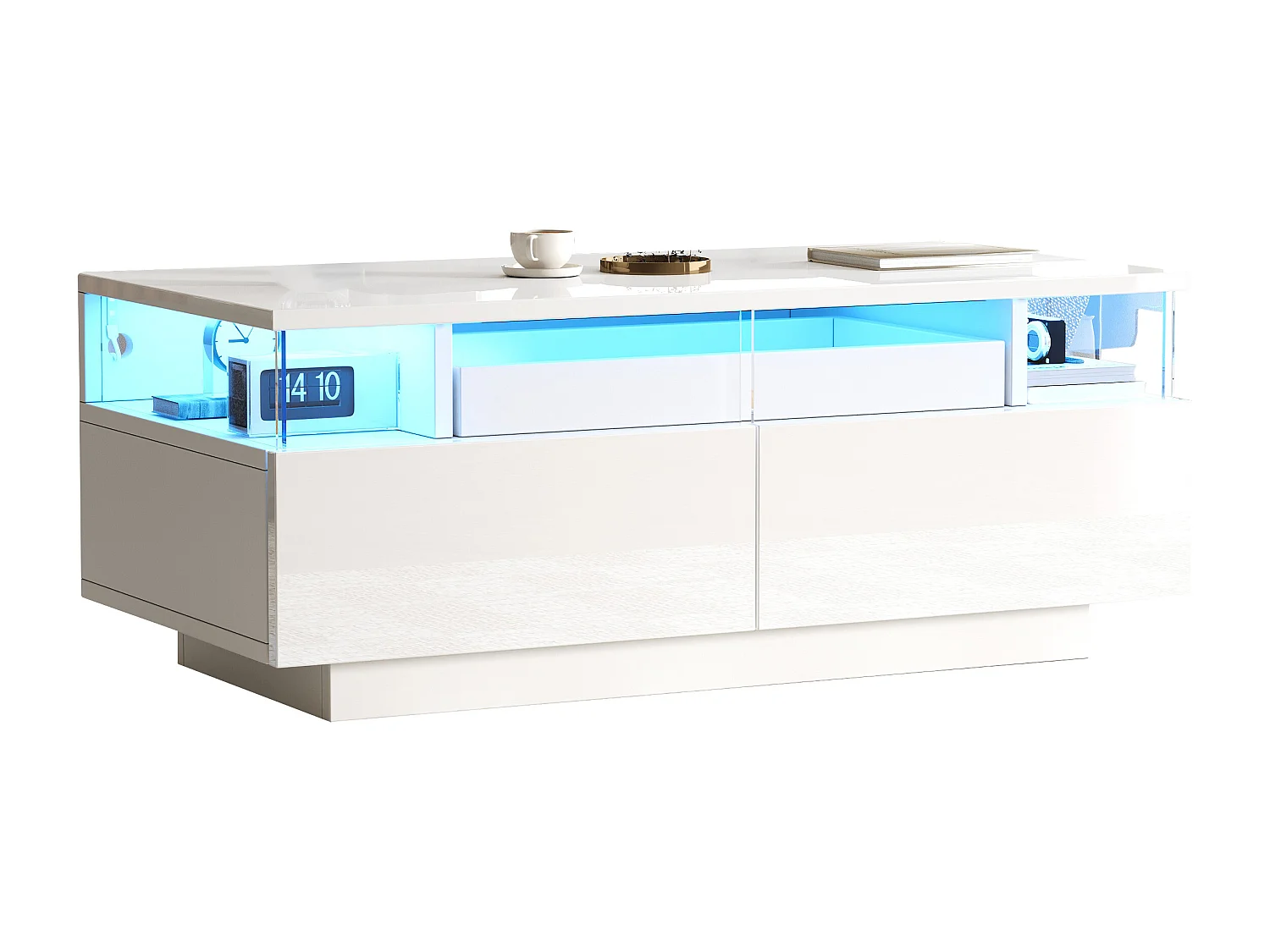 Hogglans salontafel 90×45×35,5 cm - 2 laden - met LED-verlichting - met gehard glas - wit