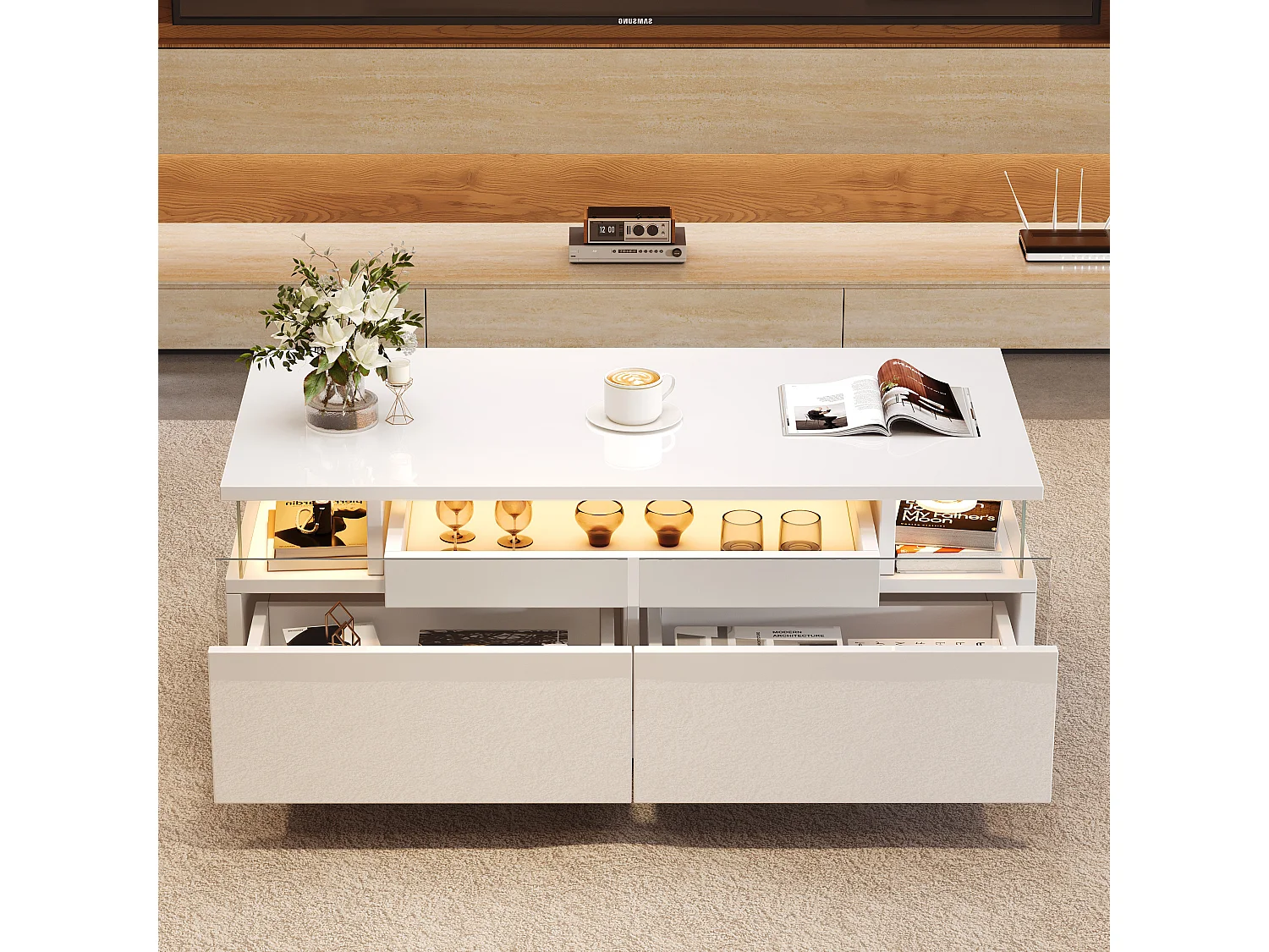 Table basse haute brillance 90x45x35,5 cm - 2 tiroirs - avec éclairage LED - avec verre trempé - blanc