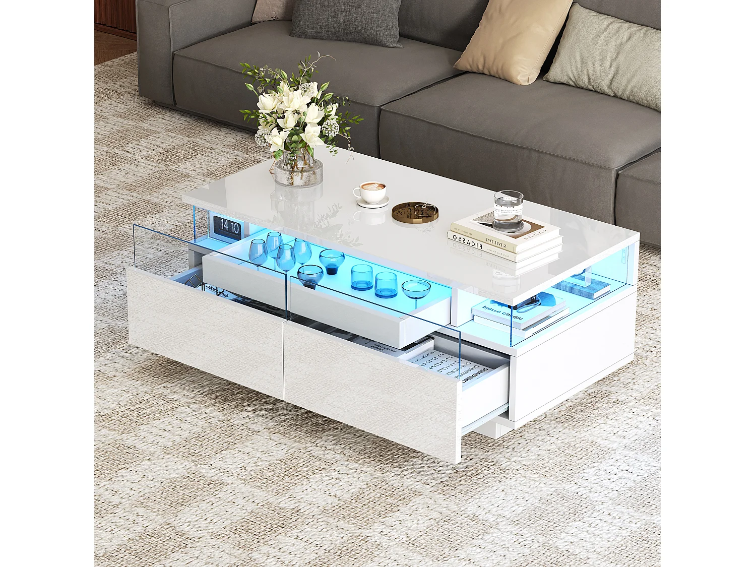 Table basse haute brillance 90x45x35,5 cm - 2 tiroirs - avec éclairage LED - avec verre trempé - blanc