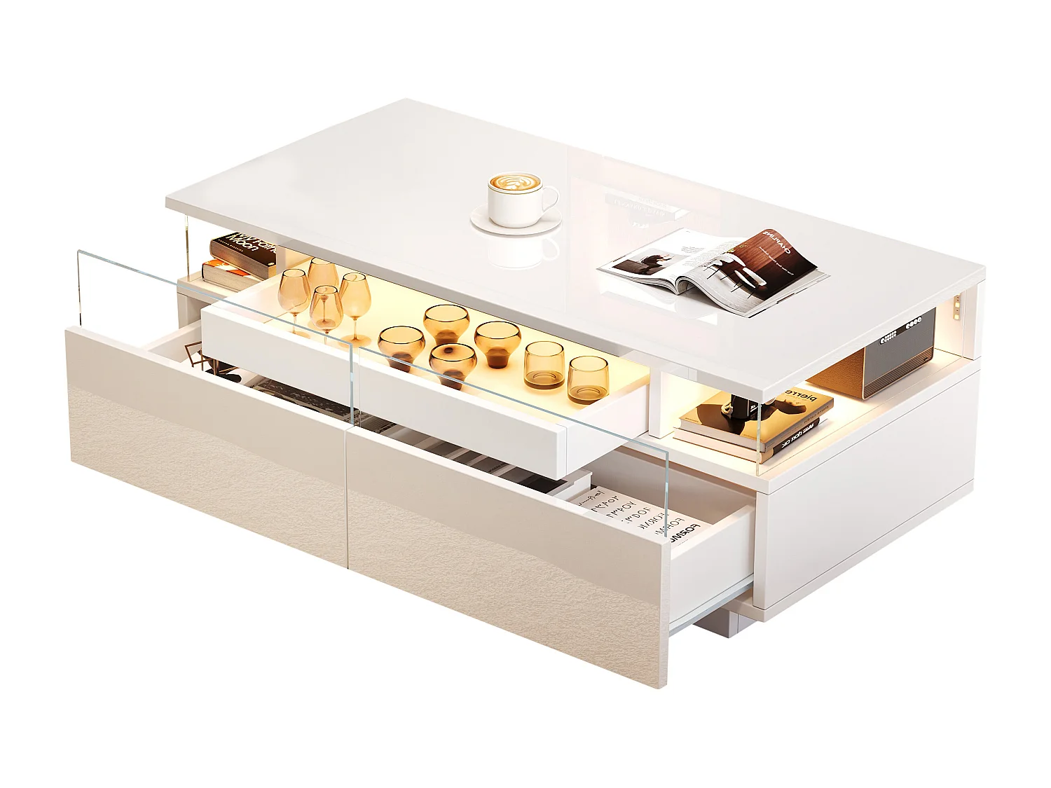 Table basse haute brillance 90x45x35,5 cm - 2 tiroirs - avec éclairage LED - avec verre trempé - blanc