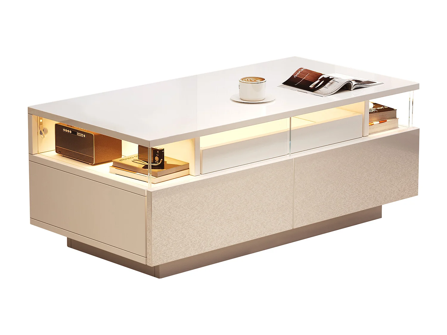 Table basse haute brillance 90x45x35,5 cm - 2 tiroirs - avec éclairage LED - avec verre trempé - blanc
