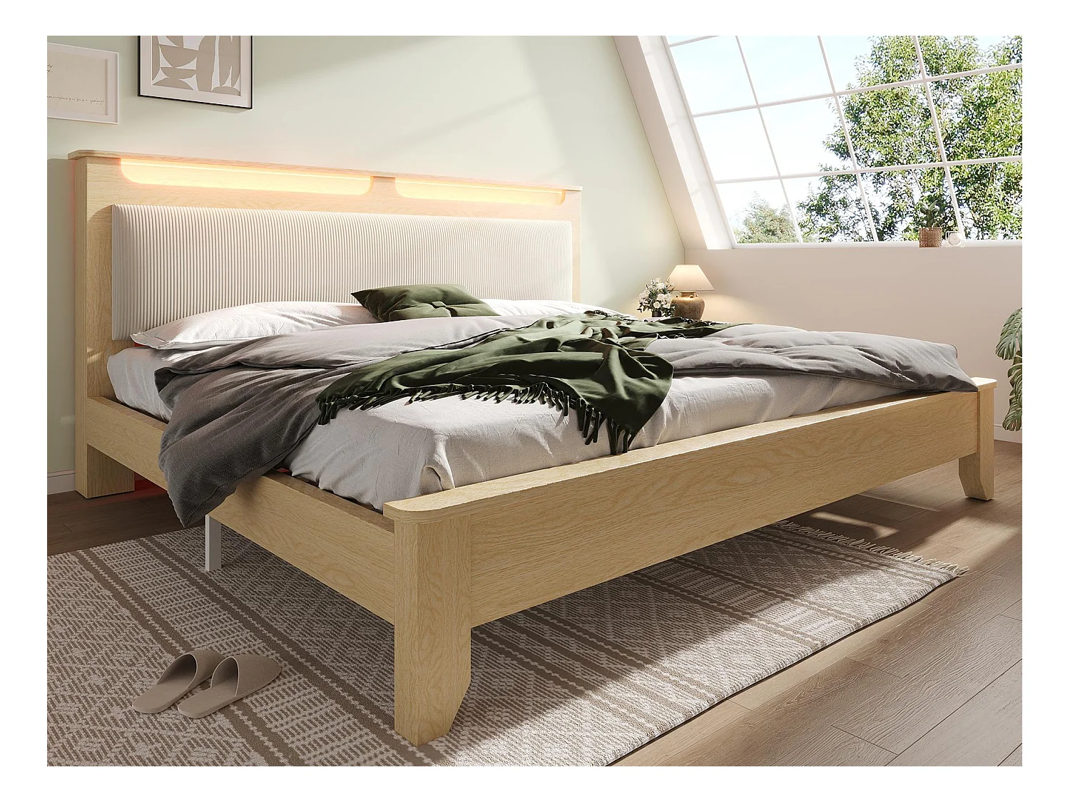 Podwójne łóżko drewniane 160×200 cm - z oświetleniem LED - Zagłówek ze schowkiem - tapicerka z aksamitu prążkowanego - beżowe