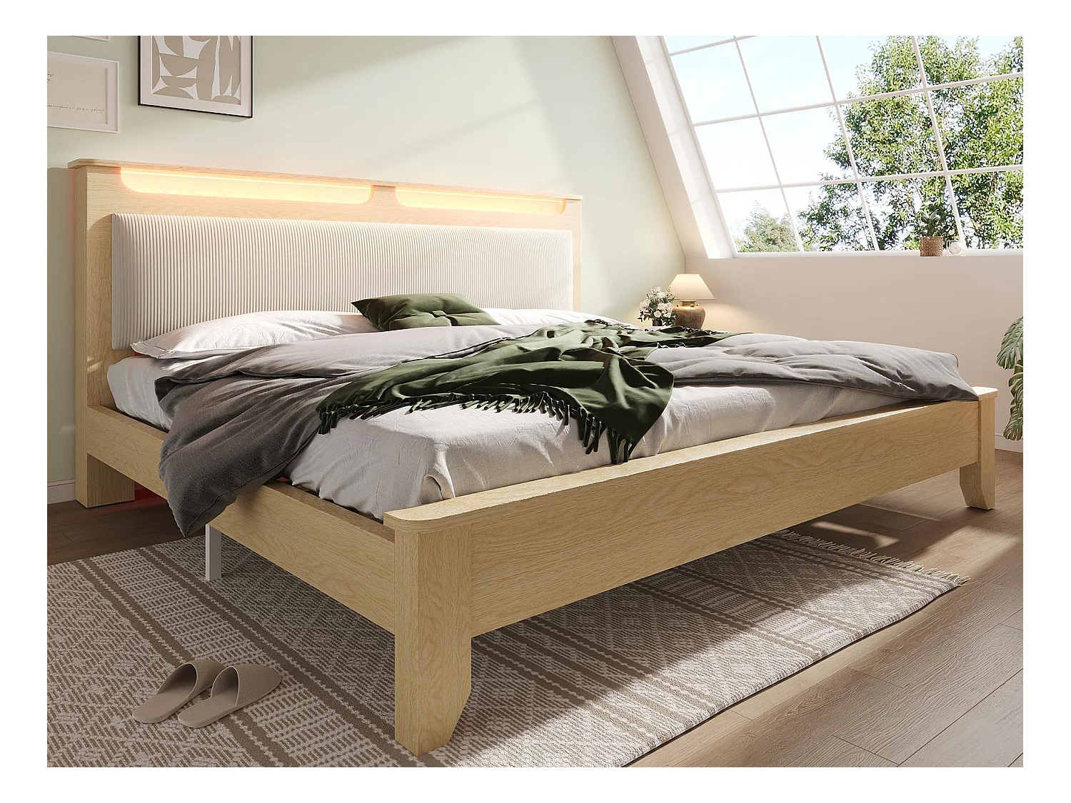 Lit double en bois 180×200cm - avec éclairage LED - tête de lit avec espace de rangement - dossier en velours côtelé - Beige