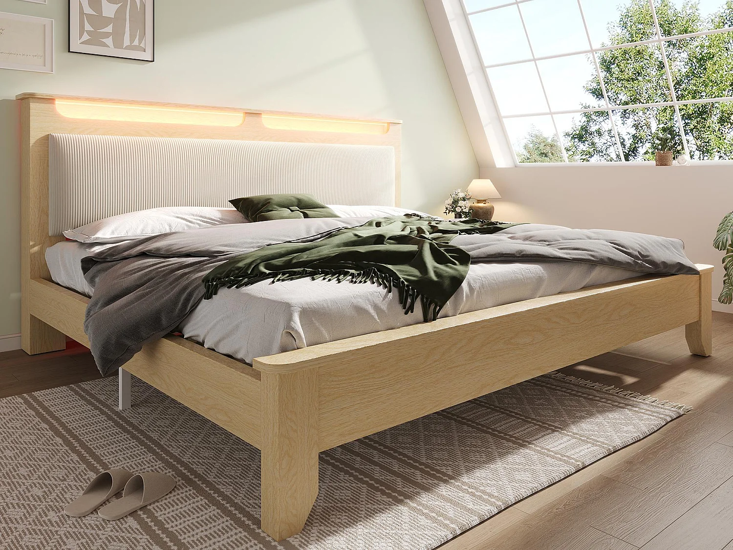 Letto matrimoniale in legno 180×200 cm - con illuminazione LED - testiera con contenitore - schienale in velluto a coste - beige