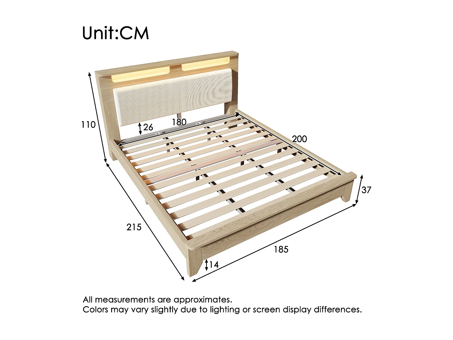 Letto matrimoniale in legno 180×200 cm - con illuminazione LED - testiera con contenitore - schienale in velluto a coste - beige
