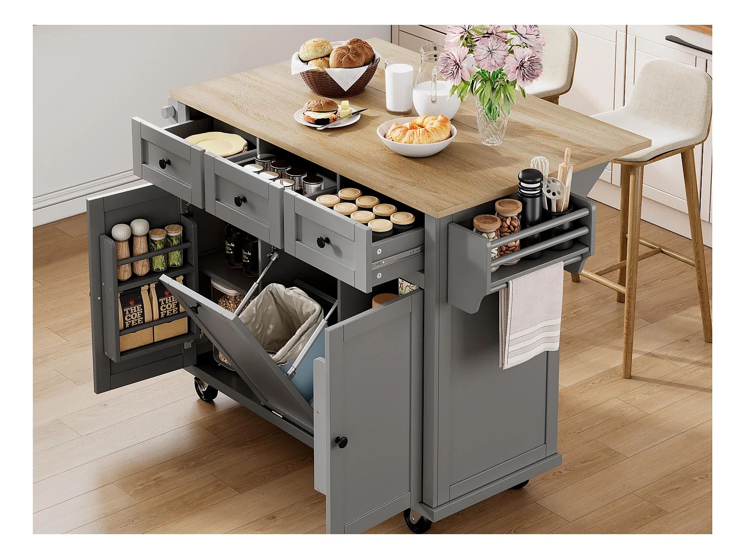Ilot central de cuisine mobile 126x46.8x94.2cm - avec roulettes - 3 tiroirs et 3 portes - plateau extensible - avec porte-serviettes - gris