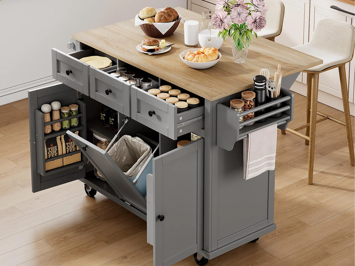 Ilot central de cuisine mobile 126x46.8x94.2cm - avec roulettes - 3 tiroirs et 3 portes - plateau extensible - avec porte-serviettes - gris