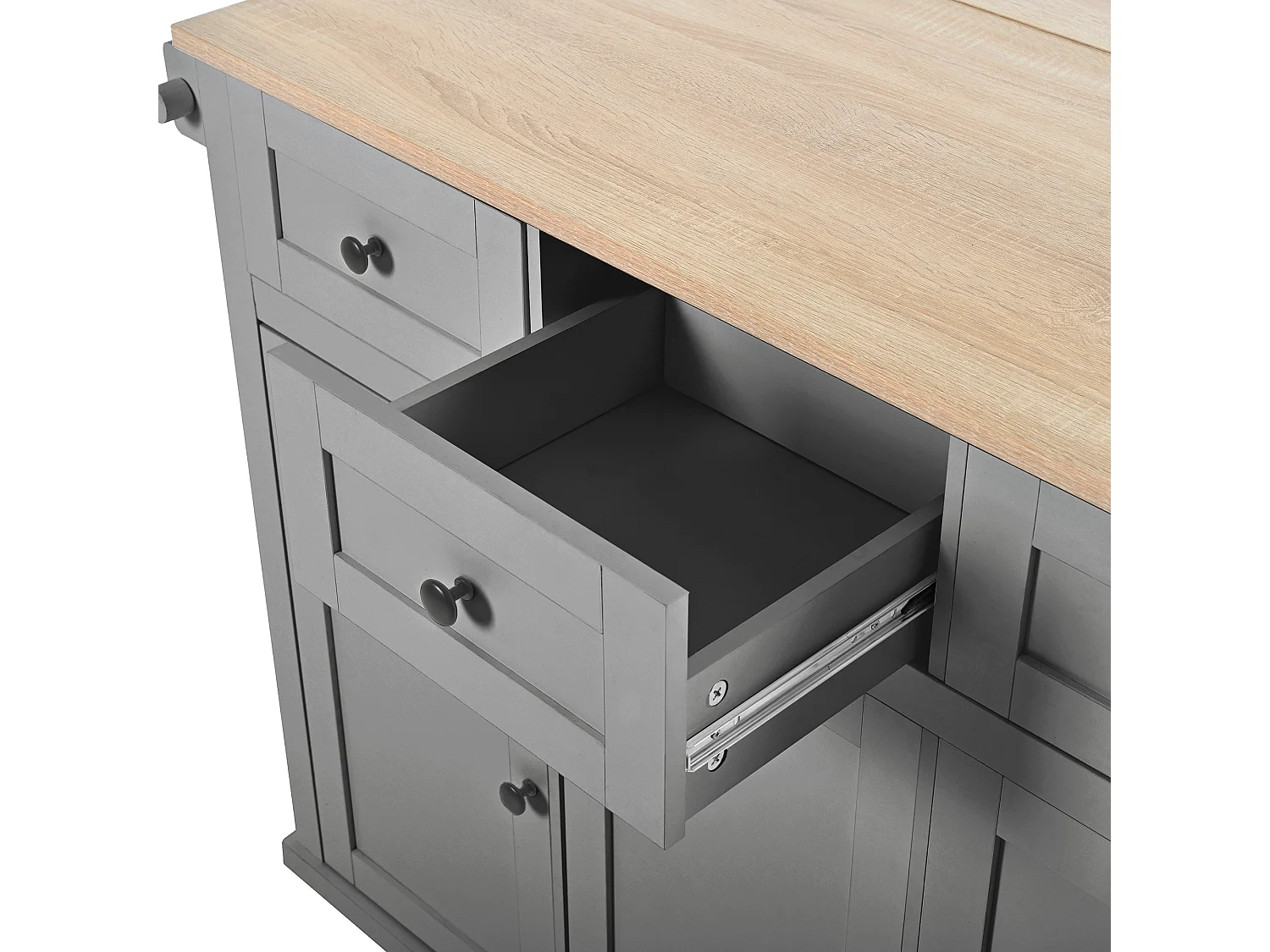 Ilot central de cuisine mobile 126x46.8x94.2cm - avec roulettes - 3 tiroirs et 3 portes - plateau extensible - avec porte-serviettes - gris