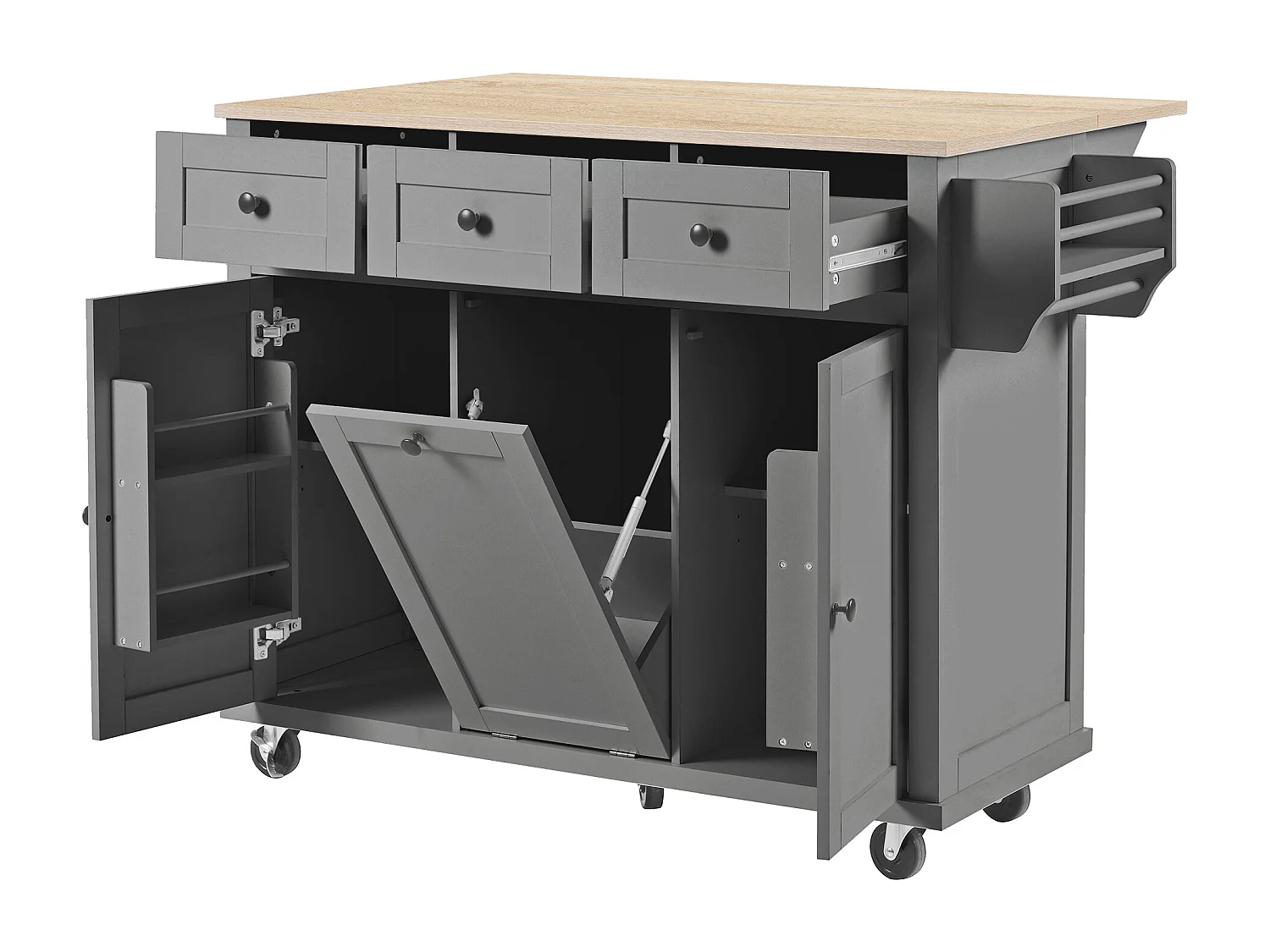 Ilot central de cuisine mobile 126x46.8x94.2cm - avec roulettes - 3 tiroirs et 3 portes - plateau extensible - avec porte-serviettes - gris