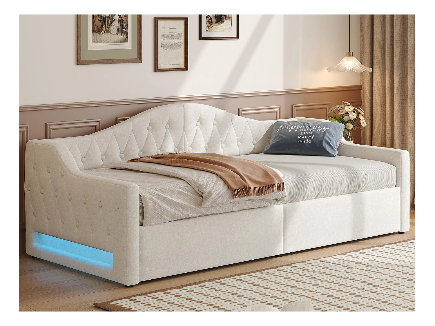 Canapé-lit capitonné 90x200cm - avec bande lumineuse LED - rangement - avec sommier à lattes - beige