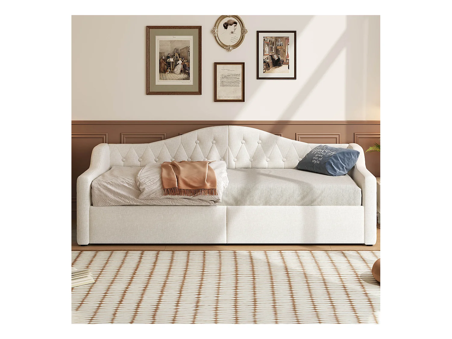 Canapé-lit capitonné 90x200cm - avec bande lumineuse LED - rangement - avec sommier à lattes - beige