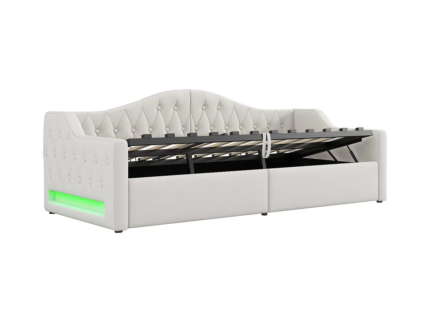 Canapé-lit capitonné 90x200cm - avec bande lumineuse LED - rangement - avec sommier à lattes - beige