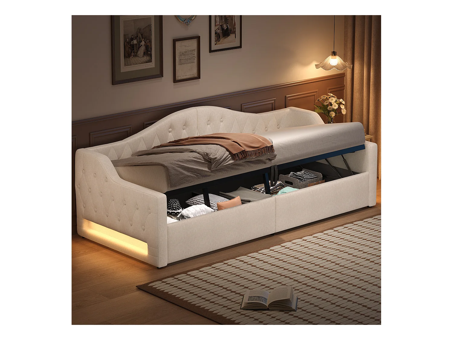 Canapé-lit capitonné 90x200cm - avec bande lumineuse LED - rangement - avec sommier à lattes - beige