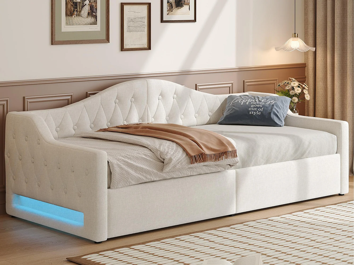 Canapé-lit capitonné 90x200cm - avec bande lumineuse LED - rangement - avec sommier à lattes - beige