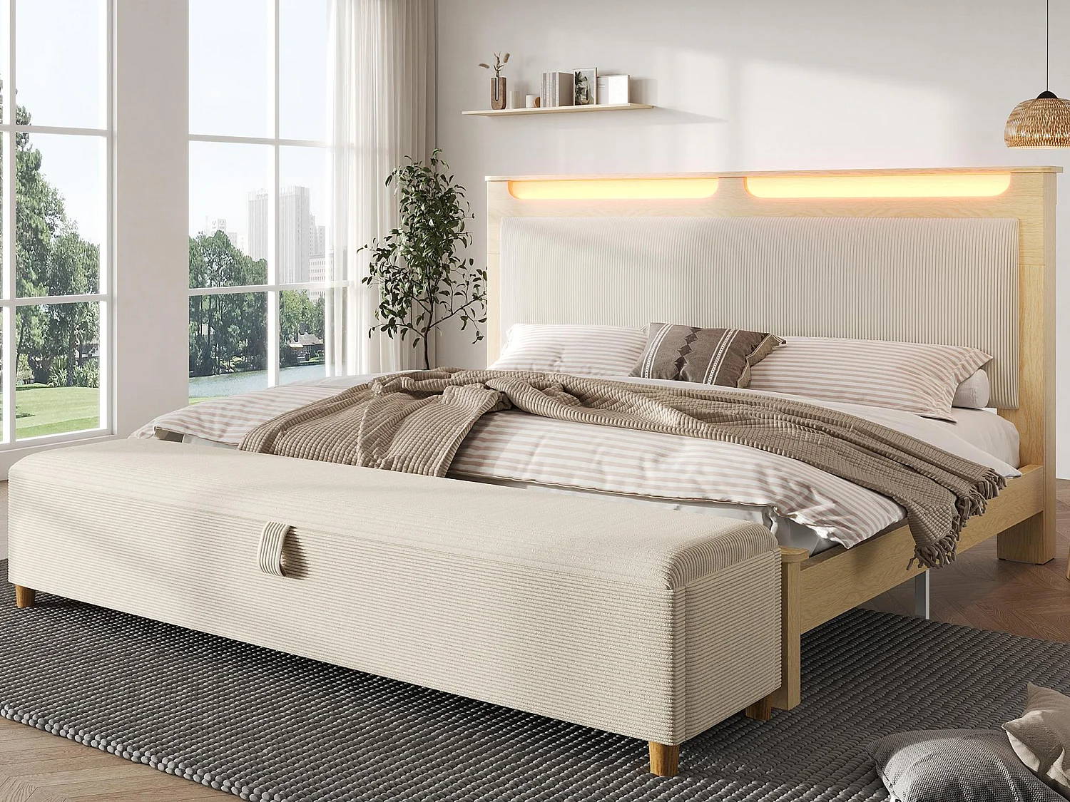 Lit double en bois 180×200cm - avec banc coffre rembourré - avec éclairage LED - tête de lit avec espace de rangement - Beige
