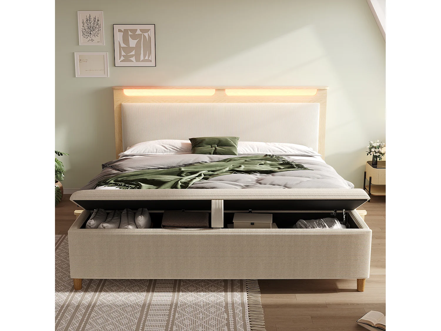 Lit double en bois 180×200cm - avec banc coffre rembourré - avec éclairage LED - tête de lit avec espace de rangement - Beige