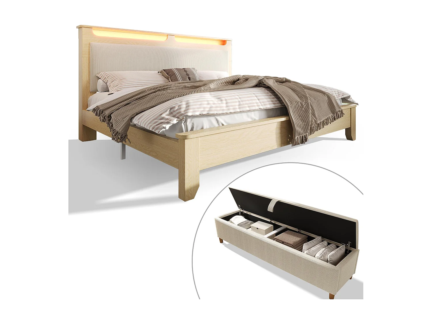 Lit double en bois 180×200cm - avec banc coffre rembourré - avec éclairage LED - tête de lit avec espace de rangement - Beige