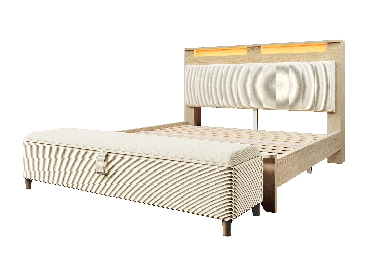 Lit double en bois 180×200cm - avec banc coffre rembourré - avec éclairage LED - tête de lit avec espace de rangement - Beige