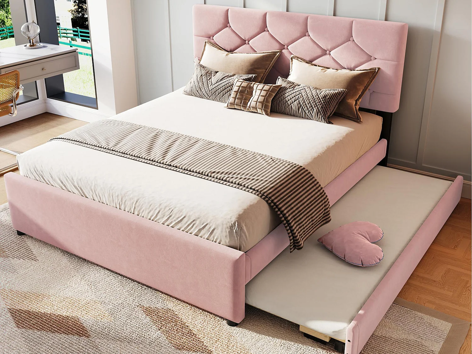 Lit rembourré 140x200 cm - avec lit gigogne 90x190cm - avec sommier à lattes - velours - rose (matelas non inclus)