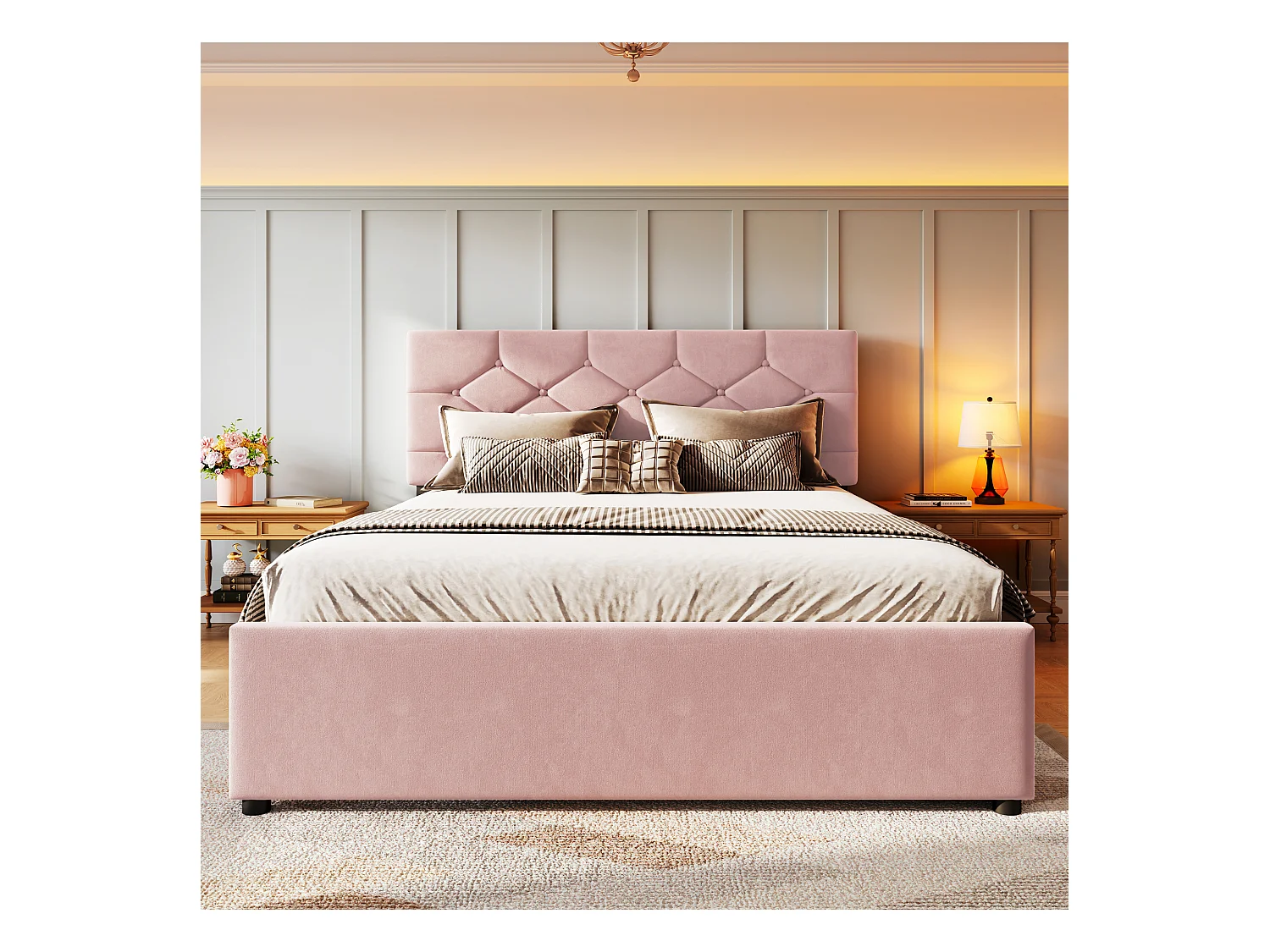 Lit rembourré 140x200 cm - avec lit gigogne 90x190cm - avec sommier à lattes - velours - rose (matelas non inclus)