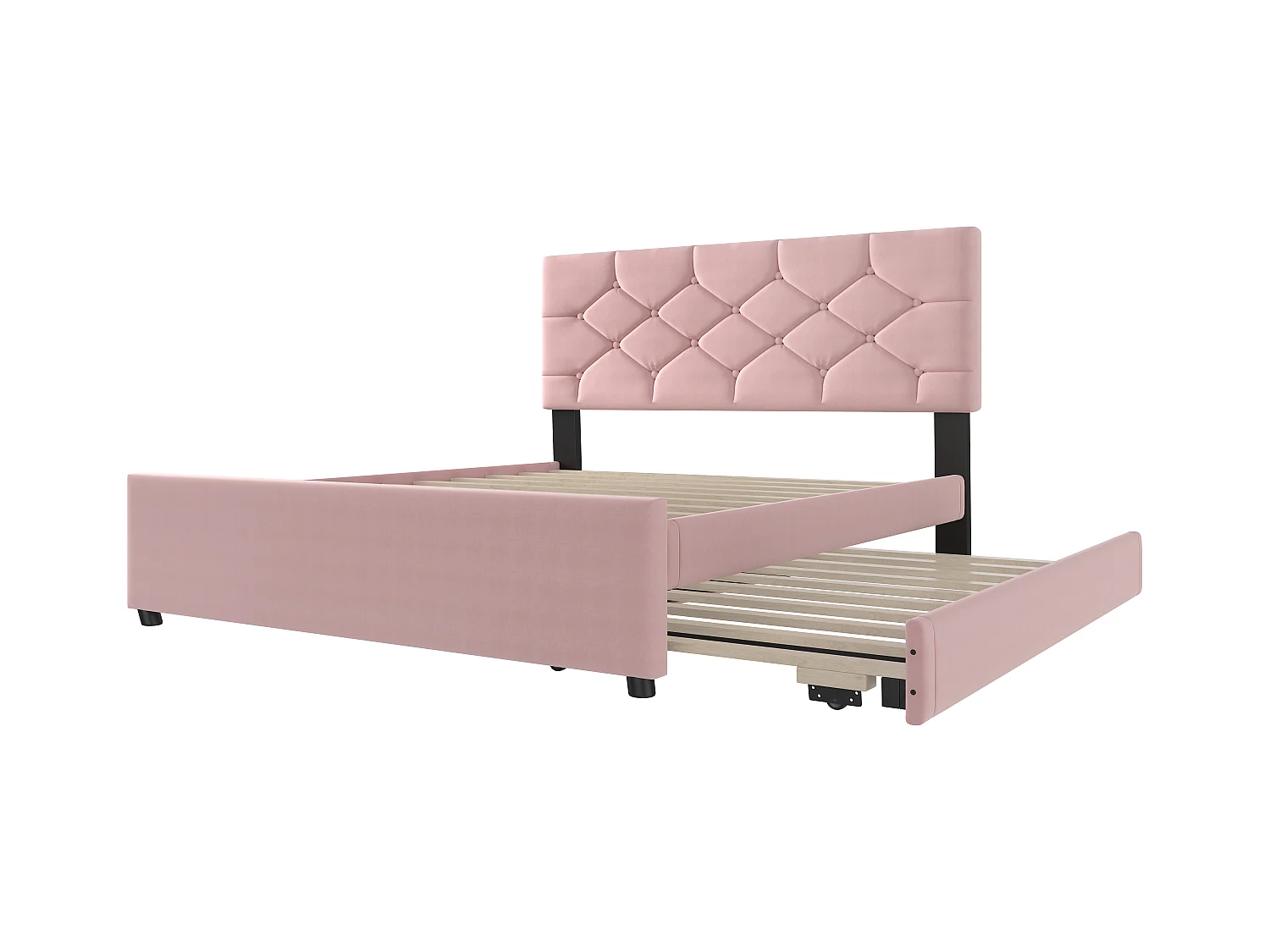 Lit rembourré 140x200 cm - avec lit gigogne 90x190cm - avec sommier à lattes - velours - rose (matelas non inclus)