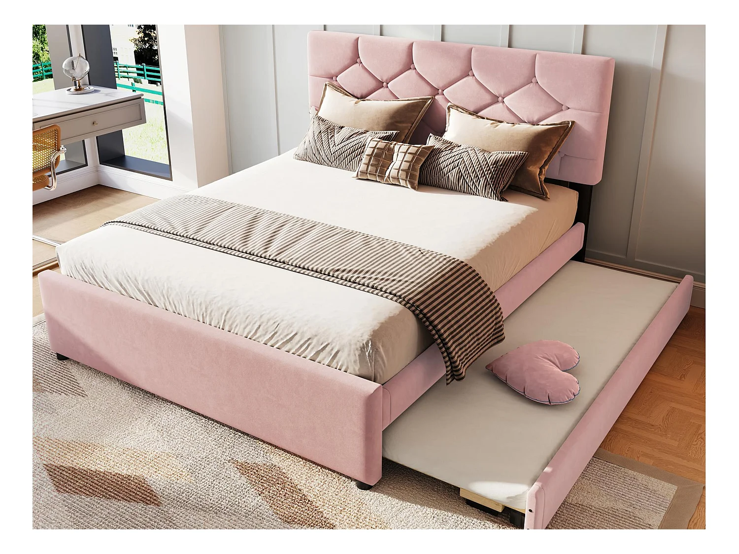 Lit rembourré 140x200 cm - avec lit gigogne 90x190cm - avec sommier à lattes - velours - rose (matelas non inclus)