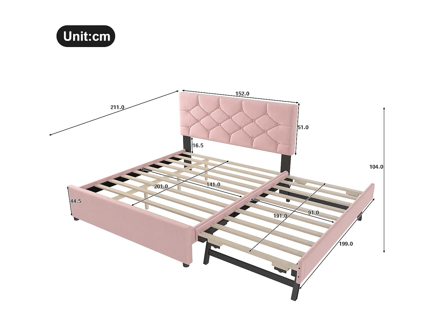 Lit rembourré 140x200 cm - avec lit gigogne 90x190cm - avec sommier à lattes - velours - rose (matelas non inclus)