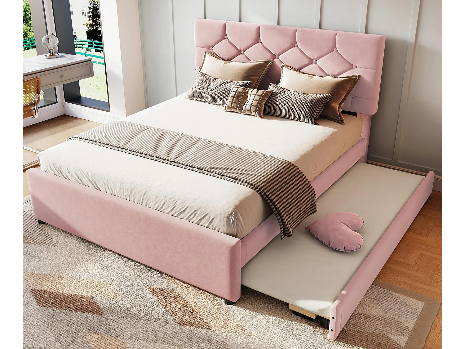 Gepolstertes Bett 140x200 cm - mit Ausziehbett 90x190 cm - mit Lattenrost - Samt - rosa (Matratze nicht enthalten)