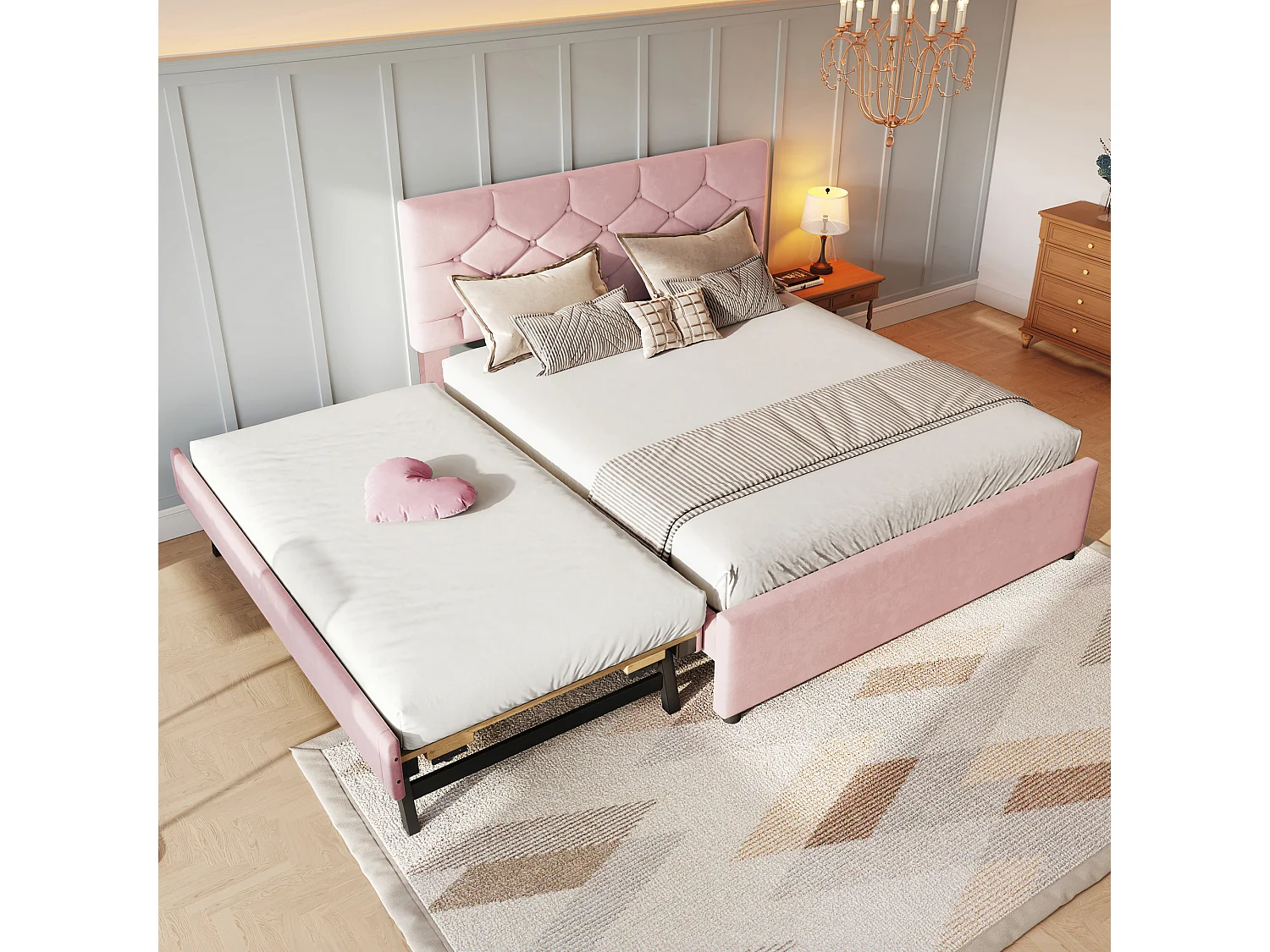 Gepolstertes Bett 140x200 cm - mit Ausziehbett 90x190 cm - mit Lattenrost - Samt - rosa (Matratze nicht enthalten)